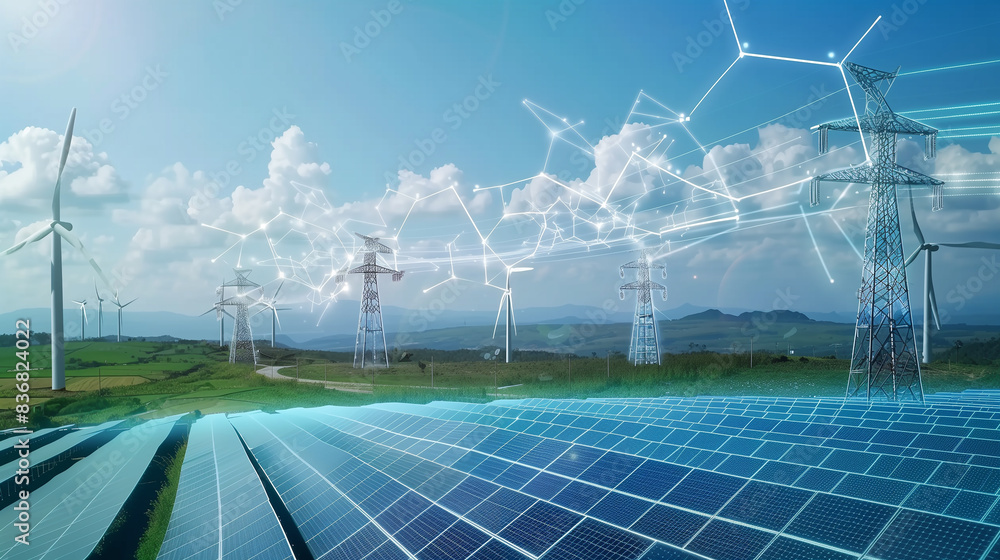 Poster a futuristic cityscape with many wind turbines and a few other structures. the wind turbines are con