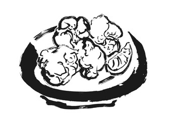 唐揚げの手書き和風イラスト　線画,