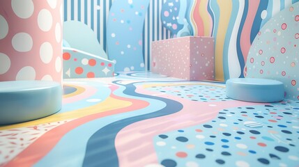  whimsical floor and wall background with playful patterns and pastel colors for a fun promotion ad.