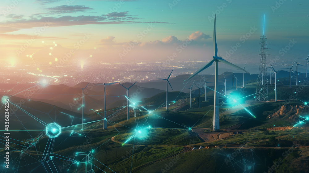 Poster a futuristic cityscape with many wind turbines and a few other structures. the wind turbines are con