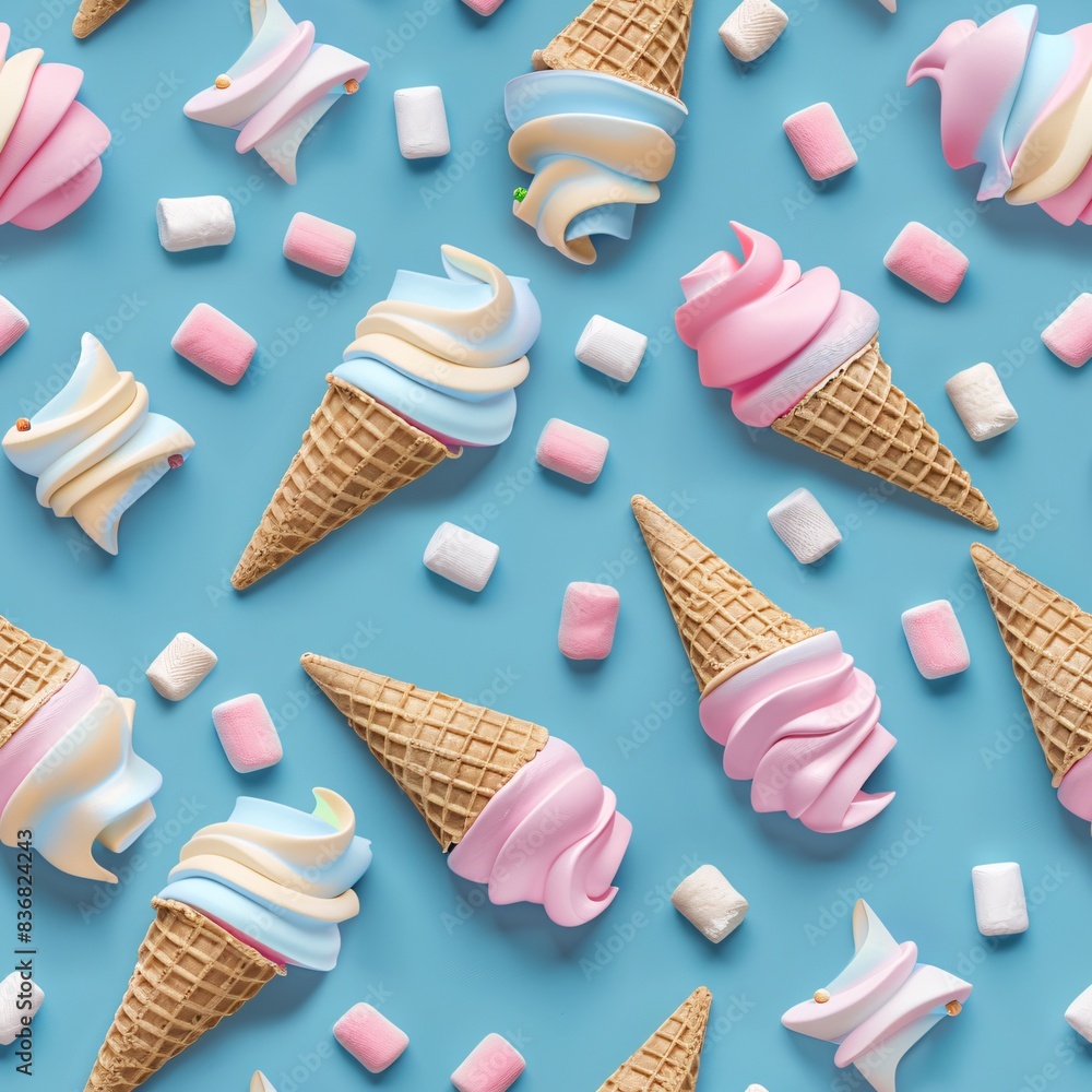 Aufkleber a seamless pattern displaying pastel 3d ice cream cones and marshmallows in a repetitive row arrange