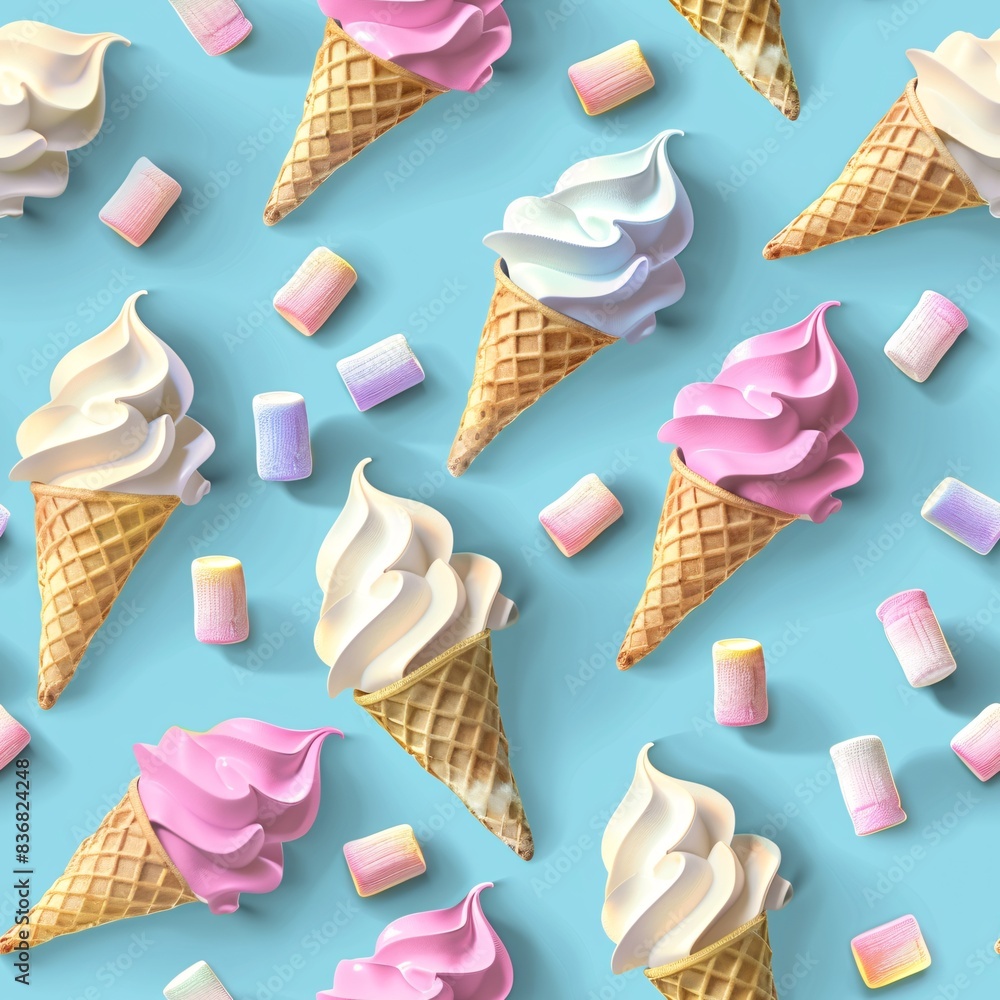 Aufkleber a seamless pattern displaying pastel 3d ice cream cones and marshmallows in a repetitive row arrange