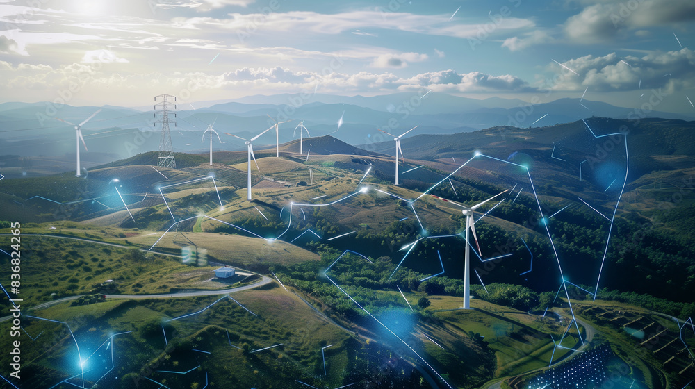 Poster a futuristic cityscape with many wind turbines and a few other structures. the wind turbines are con