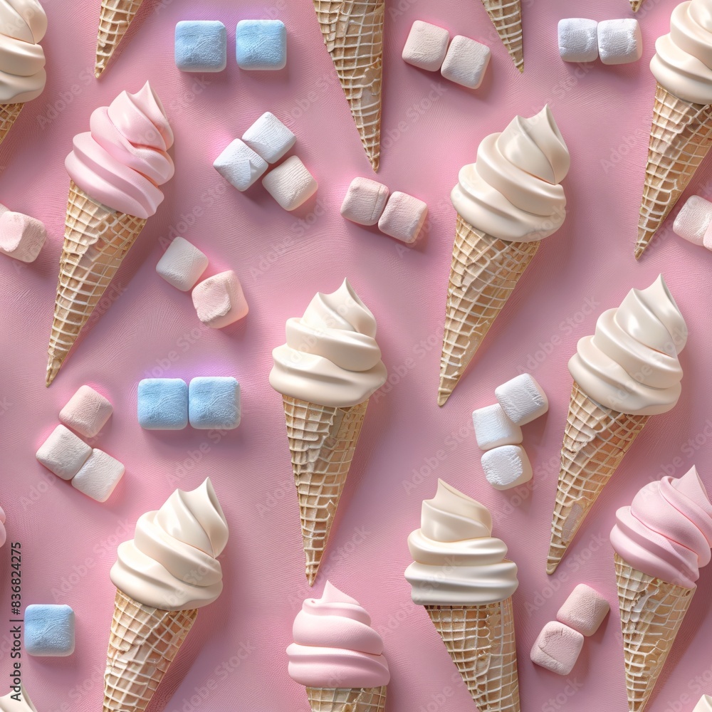 Aufkleber a seamless pattern featuring pastel 3d render of ice cream cones and marshmallows arranged in neat r