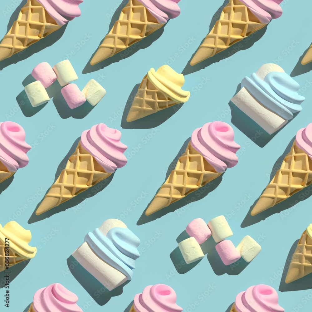 Aufkleber a seamless pattern showcasing pastel 3d ice cream cones and marshmallows, systematically aligned in 