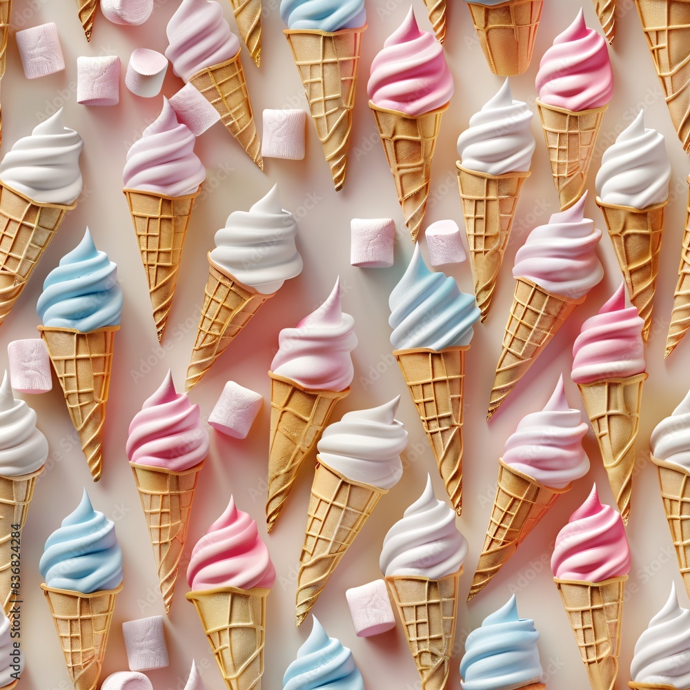 Poster a seamless pattern featuring pastel 3d render of ice cream cones and marshmallows arranged in neat r