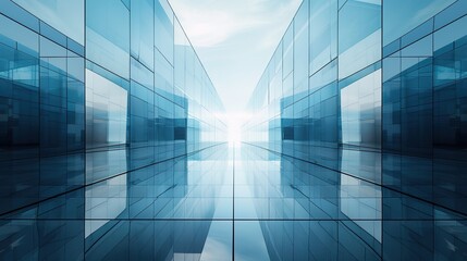 Symmetrical abstract architecture with mirrored surfaces and a soft gradient light effect 