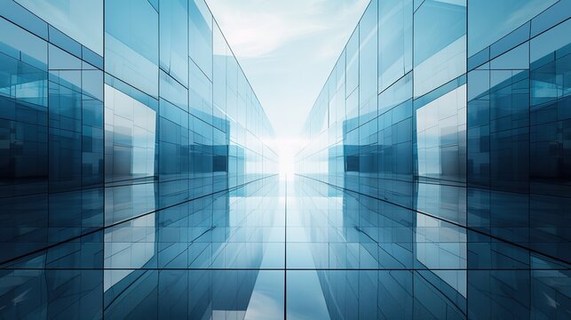 Symmetrical abstract architecture with mirrored surfaces and a soft gradient light effect 