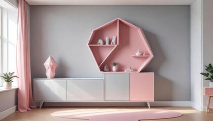 Grey cabinet against wall with copy space. Minimalist interior design of modern living room, home