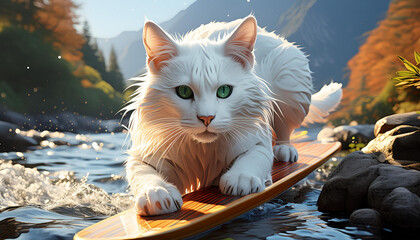 Beautiful shinny hair white cat on sketting board in a river