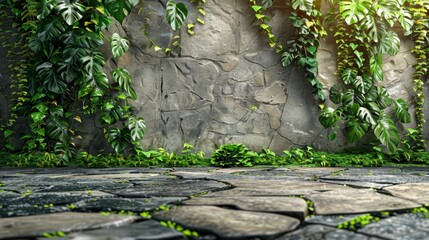 natural floor and wall background with stone floors and green, leafy walls for an eco-friendly promotion ad.