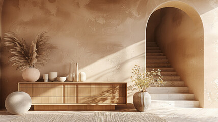 A Scandinavian wooden dresser in the style of minimalism home decor mockup, A beige wall with a decorative arch and staircase in the background
