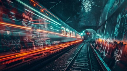 Obraz premium A train is traveling through a tunnel with graffiti on the walls