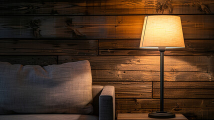 a modern table lamp on a wooden wall background, with space for text