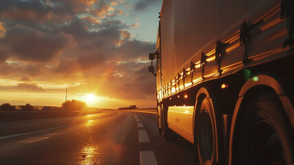 A truck driving on the highway at sunset