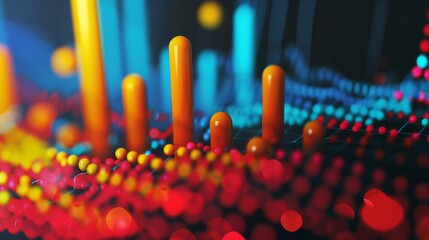 A colorful image of orange and blue cylinders with red dots in between