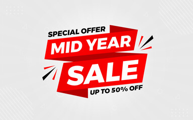 Mid Year Sale banner vector template. New Year Discount vector graphic element. Super shop label Promo design. Product opening festival background collection.