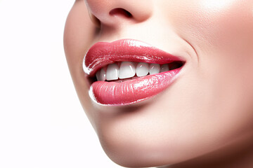 Fototapeta premium Close-up of a woman with perfect lips Perfect clean texture on white background in professional studio. Banner image
