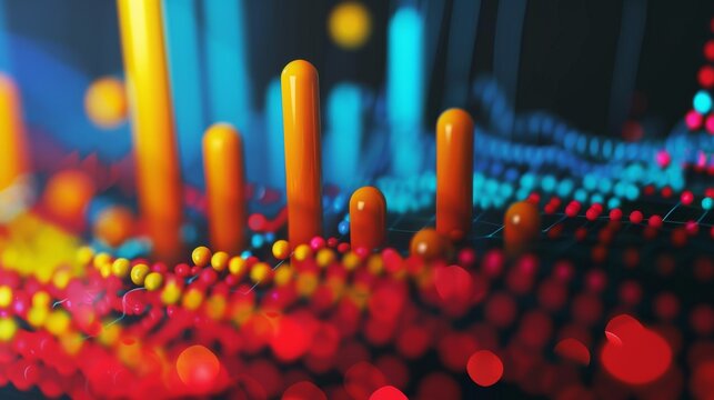 A colorful image of orange and blue cylinders with red dots in between