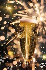 A glass of champagne is lit up by fireworks. The image conveys a festive and celebratory mood, as the sparkling champagne and fireworks create a sense of excitement and joy