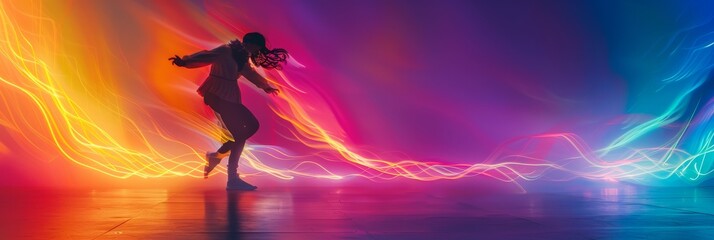 Dynamic dancer on stage with colorful lights in multi-exposure, creating a vibrant and minimalistic banner, Created with Generative AI.