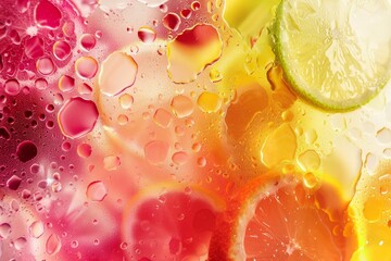 Colorful closeup of oil droplets on water with citrus fruit slices creating a vibrant abstract background