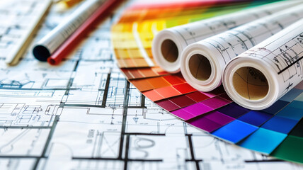 Close up of color swatches and blueprints for interior design with architectural drawings