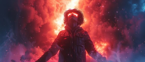 Fototapeta premium 3D Illustration of a Character with Glowing Eyes Facing Dramatic Fiery Sky, Symbolizing Strength and Transformation