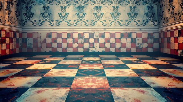  retro floor and wall background with checkered floors and vintage wallpaper for a nostalgic promotion ad.
