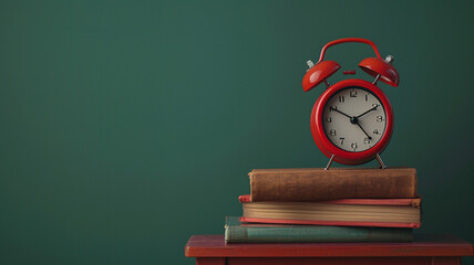 Red alarm clock and books on table against green background with copy space for text