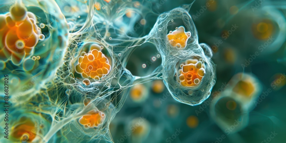Poster microscopic view of living cells in a biological environment, showcasing the complex structure and v