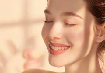 Obraz premium Close-up of a Woman's Smiling Face with Soft Lighting