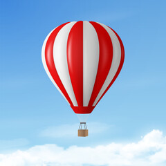 Obraz premium Vector Travel Banner with 3d Realistic Hot Air Balloon Icon on a Blue Sky Background. Design Template, Summer Vacation, Travelling, Tourism and Journey Concept