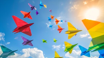 A photograph of rainbow-colored paper airplanes flying in formation, symbolizing freedom and LGBTQ+ pride