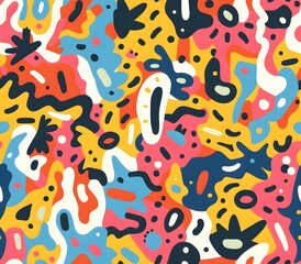 Vibrant Seamless Pattern of Whimsical Doodle Style Shapes and Playful Abstract Designs