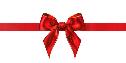 Red ribbon and bow with gold color satin ribbons and bow isolate on transparent png. Holiday Edition, Ribbon decorative shiny.
