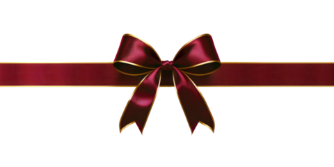 Dark red ribbon and bow with gold color satin ribbons and bow isolate on transparent png. Holiday Edition, Ribbon decorative shiny.
