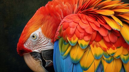 Obraz premium Vibrant close-up of a colorful parrot with striking red, yellow, and blue feathers, set against a dark background.