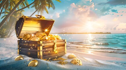 A treasure chest full of gold coins is sitting on the beach. The sun is shining brightly, creating a warm and inviting atmosphere. The scene evokes feelings of adventure and excitement
