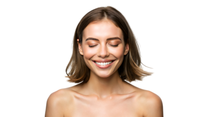 A close-up portrait of a smiling brunette woman with natural makeup
