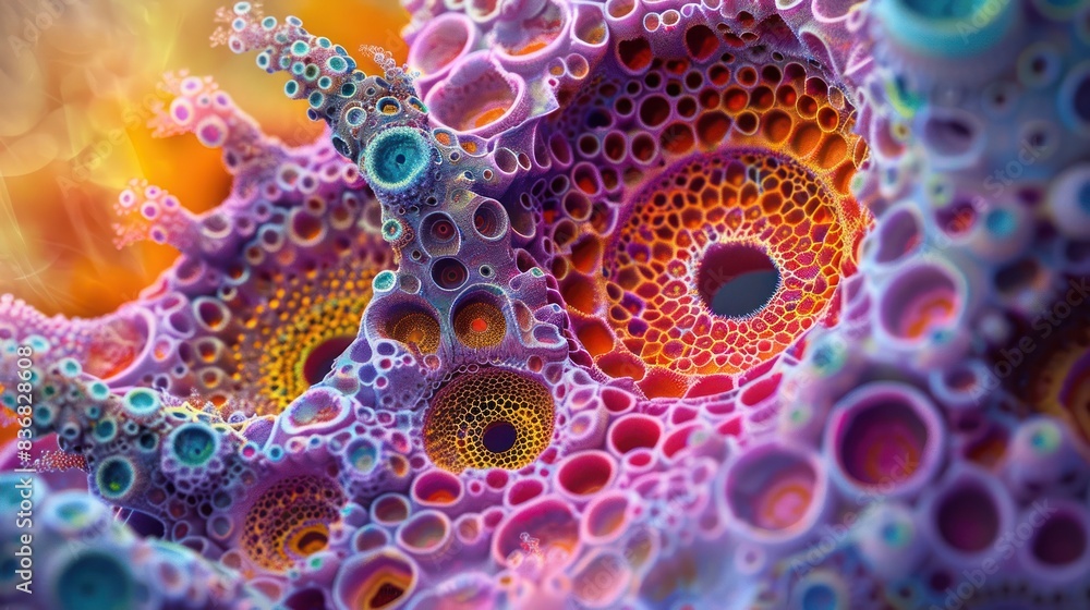 Poster colorful abstract close-up image of cellular structure, showcasing vibrant, intricate patterns and t