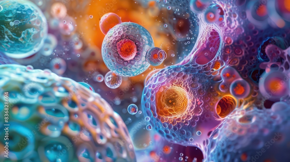 Poster colorful microscopic view of abstract cells with various textures and shapes, representing the scien
