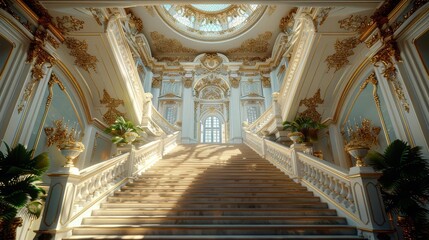 Obraz premium Render a towering staircase leading to an ornate palace ceiling, showcasing grandeur and sophistication in photorealistic 3D