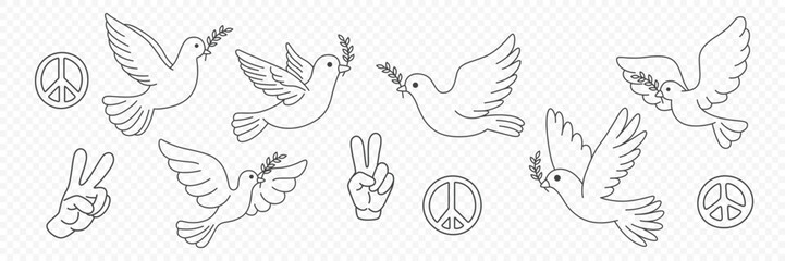 Vector Symbols of Peace - Hand Gesture, Dove, Olive Branch Design Template Set. Pacifist Icons, Vector Illustration