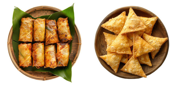 set of two clipart asian snacks, spring rolls and Rambak petis Javanese snack on wooden plate  seen from above on transparent background Traditional  Indonesian asian dish
