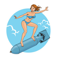 Pin up woman in bikini swimsuit riding a bomb like a surfer, isolated on the color background. Vintage nose art style vector illustration.