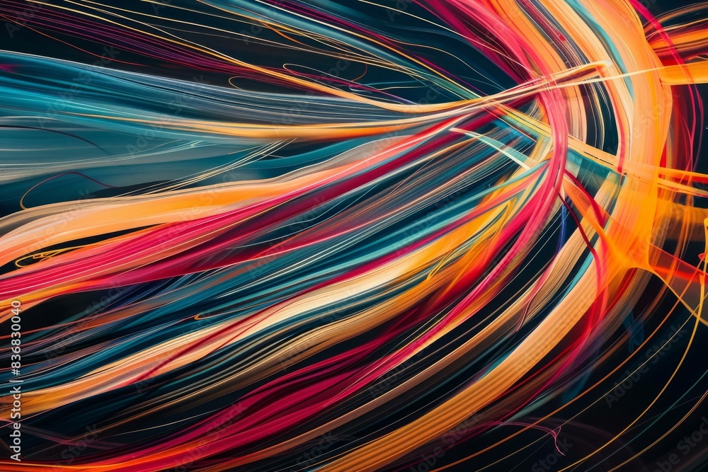Poster vibrant swirls of light create an energetic abstract pattern on a black backdrop