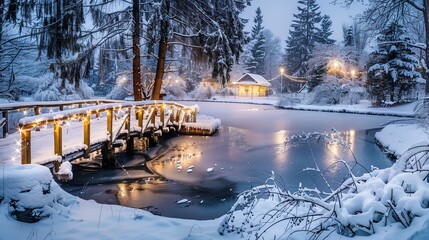 A serene winter scene featuring a frozen pond surrounded by snow-covered trees and a quaint wooden bridge adorned with festive lights. 