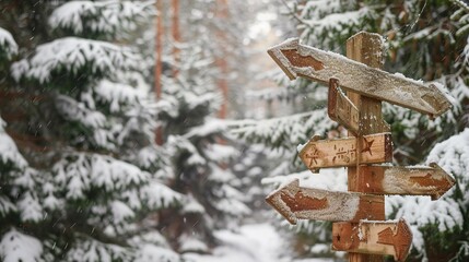 A rustic wooden signpost adorned with directional arrows pointing towards various holiday destinations, surrounded by snowy trees. 