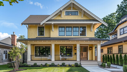 Fototapeta premium Sophisticated Craftsman Style New Construction Lemon Yellow House Featuring Modern Design in a Vibrant Urban Neighborhood